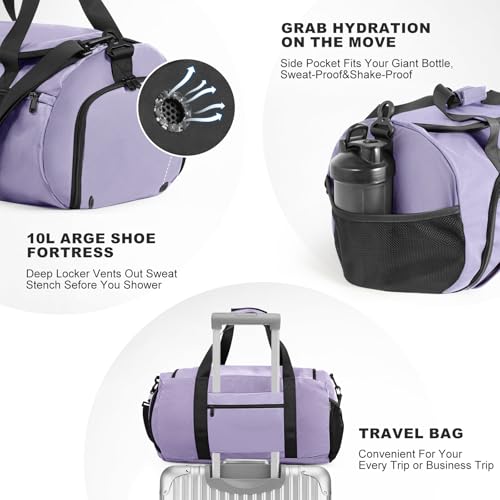 Gym Bag for Men Women, Purple | Shoe Compartment, Wet Pocket, Water Resistant, Shoulder & Messenger Bag, Weekend Overnight Travel - color: Purple