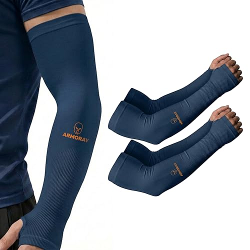 ARMORAY Arm Sleeves for Men and Women - UV Sun Protection Cooling Compression - Tattoo Cover Up Sleeve for Daily Wear & Work - color: Navy Blue W/ Thumbhole (2 Pairs)