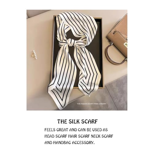 Silk Feeling Head Scarf Fashion Satin Hair Scarf Square Long Scarves for Women Gifts - color: 01 Black Line 3.8 X 43 Inch