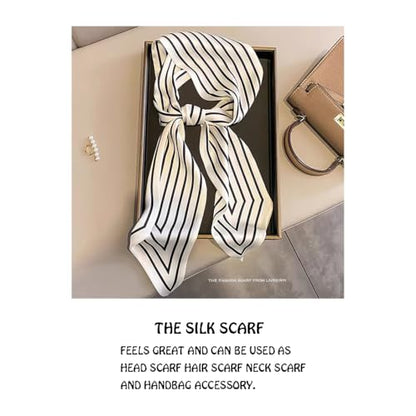 Silk Feeling Head Scarf Fashion Satin Hair Scarf Square Long Scarves for Women Gifts - color: 01 Black Line 3.8 X 43 Inch
