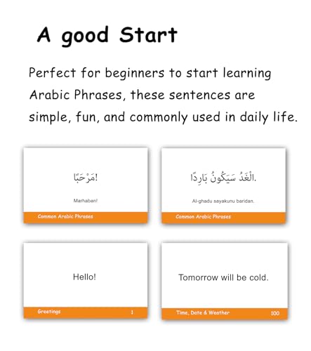 100 Essential Arabic Phrases Flash Cards for Adults - Learn Arabic Phrases for Beginners with Durable & Portable Flashcards- Arabic Flashcards Simple Phrases