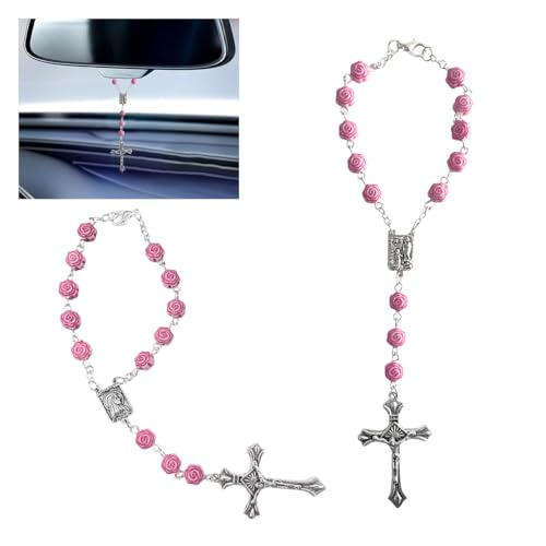 2PCS Pink Rosary Pendant Car Interior Rear View Mirror Charm Auto Decors, Medal and Cross Personalized Hanging Accessories for Women Men (Rose) - color: Rose