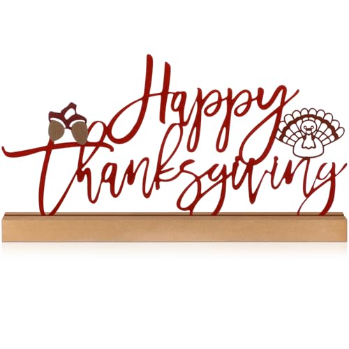 Yaocom 13.78 Inch Thanksgiving Table Sign Metal Fall Decorations for Home Happy Thanksgiving Turkey Letter Autumn Tabletop Decoration with Wooden Base Cutout Word Sign for Centerpiece Mantel Shelf - style: Thanksgiving