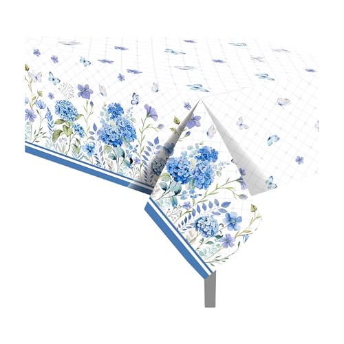 1Pc Blue Hydrangeas Flowers Party Plastic Tablecloth 54 x 87 Inch Long Table Cover, Spring Butterfly Party Tablecover for Floral Theme Kids Baby Shower Birthday Dinner Picnic Kitchen Event - color: Blue Hydrangeas