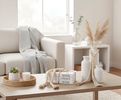 Reallnaive 8 Pcs Rustic Vase Centerpieces, Home Sweet Home | Boho Ceramic Vase, Decorative Books, Wood Bead Garland with Tassels, Farmhouse Table Island Living Room Decor - style: Home Sweet Home