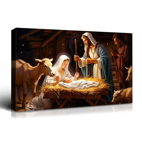 Wewejia - Nativity Scene Canvas Wall Art 16x12 Inch, Religious Christmas Manger Picture Print with Holy Family Stable Jesus Poster Bible Mural, Living Room Bedroom Church Wall Decor - color: WWJYSS141, size: 16"L x 12"W