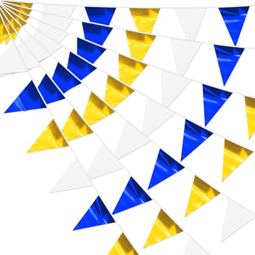 4P Navy Blue White Gold Party Decorations - Metallic Fabric Triangle Pennant Banner Flags - Indoor/Outdoor Bunting Garland for Birthday, Wedding, Graduation & Theme Parties - color: Navy Blue White Gold