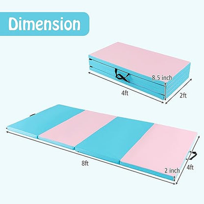 GYMAX Gymnastics Mat, 4 FT x 8 FT x 2 Inches Folding Exercise Mat w/Carry Handles & Sturdy Stitching Waterproof Cover, Tumbling Mat for Yoga Stretching Martial Arts Home Gym - color: Pink & Blue