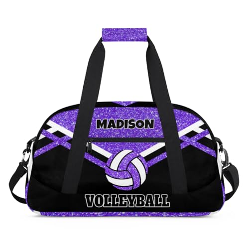 Custom Name Overnight Duffel Bags Volleyball Bag, Purple Black Glitters Personalized Sports Gym Bag Travel Weekender Bags - color: Purple Black