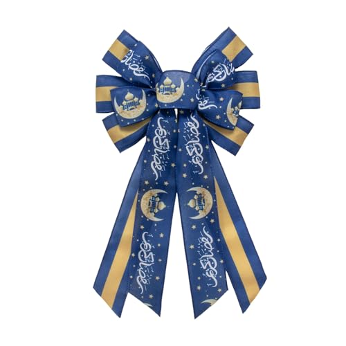 Large Ramadan Bows for Wreath,Eid Mubarak Wreath Bows Blue Gold White Stripes Bow Moon Star Burlap Gift Bows Tree Topper Bow for Islamic Muslim Front Door Decor Wreath Ornament Supply - color: Style a