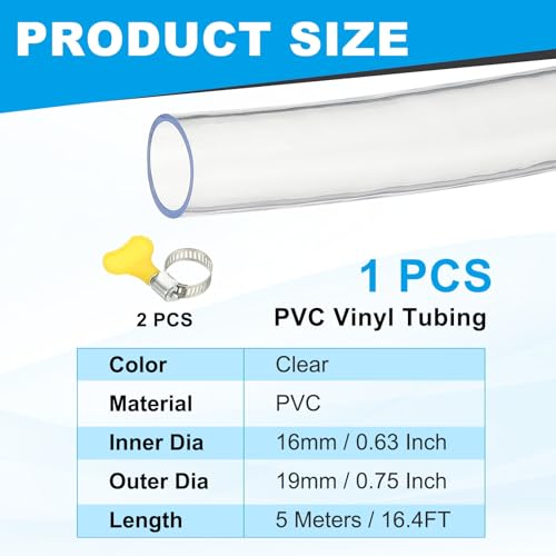 PATIKIL 1pcs Plastic Tubing, 16mm x 19mm x 5M Vinyl Tubing Clear Tube with Hose Clamps, Soft Hose Line Pipe for Multipurpose Industrial Vinyl Aquarium - size: 16mm x 19mm x 5M
