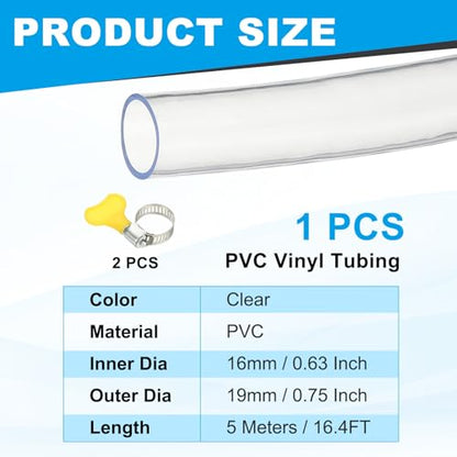 PATIKIL 1pcs Plastic Tubing, 16mm x 19mm x 5M Vinyl Tubing Clear Tube with Hose Clamps, Soft Hose Line Pipe for Multipurpose Industrial Vinyl Aquarium - size: 16mm x 19mm x 5M