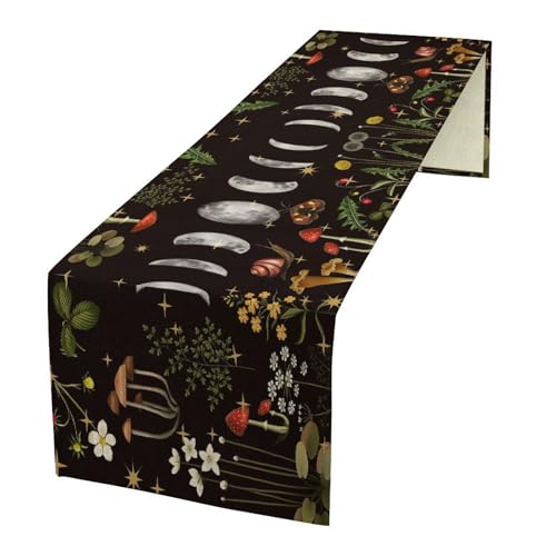 Moon Phase Table Runner, Gothic Moon Botanical Floral Mushroom Print Kitchen Dinning Table Runner for Indoor Outdoor Home Wedding Party Holiday Decor, 13x36 Inch - color: Moon Phase-5, size: 13"W x 36"L