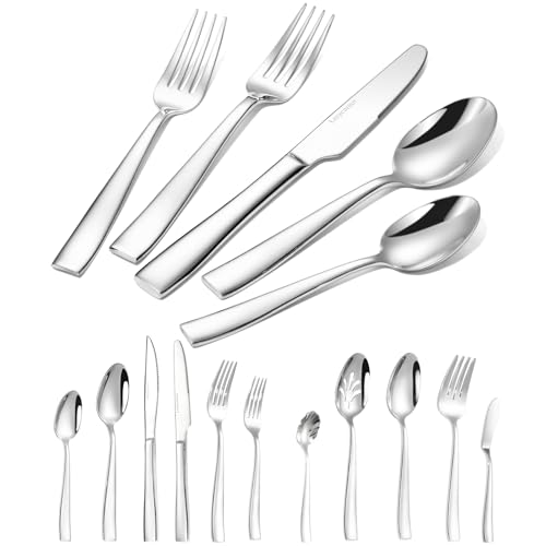 Silverware Set for 8, 53-Piece Premium Stainless Steel Flatware Set, Heavy Duty Cutlery Set with Modern Square Handle, Mirror Polished, Dishwasher Safe, Gift for Wedding Housewarming - size: 53-Pcs