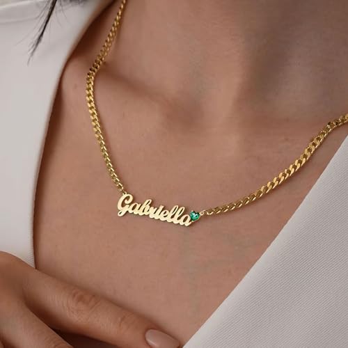 DayOfShe Name Necklace Personalized for Women, 18K Gold Plated Cuban Chain Necklaces Customized with Name as Christmas Girlfriend Gift - color: Heart Birthstone
