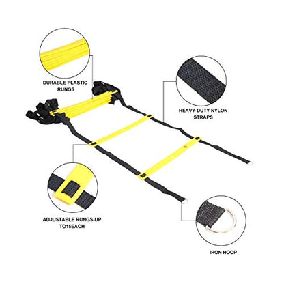 20 feet Speed Training Agility Ladder Carry Bag 12 Heavy Duty Adjustable Yellow Rung 10 disc Cones 4 Hooks Outdoor Workout Football Sport Adult Soccer Ball 2014 World Cup Design Size 5