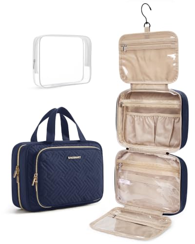 BAGSMART Toiletry Bag Hanging Travel Makeup Organizer with TSA Approved Transparent Cosmetic Bag Makeup Bag for Full Sized Toiletries, Large-Navy - color: Navy, size: Large
