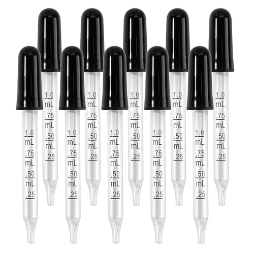 AOMI Glass Eye Dropper for Oils, 10pcs 1ml Glass Dropping Pipettes for Essential Oil, Lab, Medicine, Crafts or Transferring Other Liquid with Rubber Head, Straight Tube with Measurement