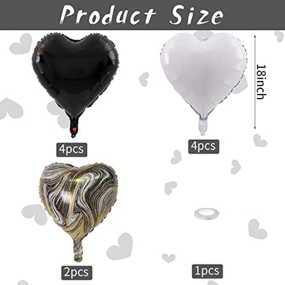 Black White Agate Heart Balloons, 10PCS Foil for Goth Wedding Party - color: Glossy-black White Agate