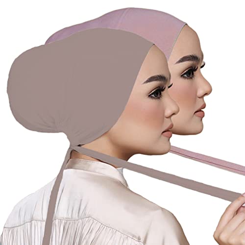 Women Under Scarf Hat Hijab Undercap Islamic Muslim Under Scarf Hijab Cap with Tie-Back Closure - color: Pink+light Khaki(2pcs)