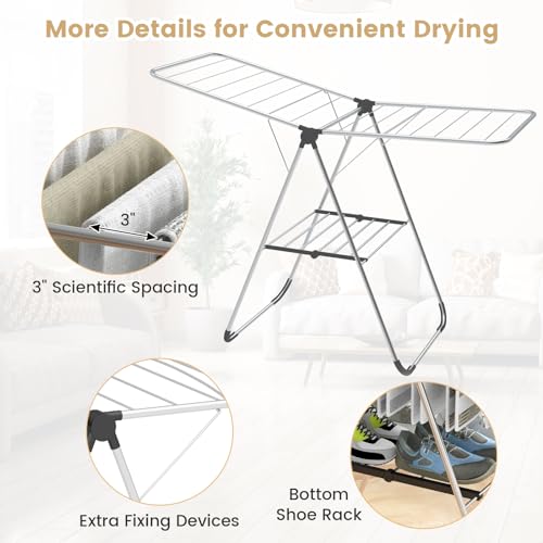 Tangkula Collapsible Clothes Drying Rack, 2-Level Folding Aluminum Drying Rack w/Height-Adjustable Wings, Bottom Shoe Rack, Space-Saving Laundry Drying Rack for Indoor & Outdoor Use, Silver