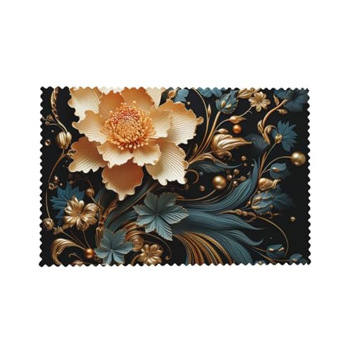 Placemats Set of 4 Heat Resistant Gold Flowers on Black Place mat for Dining Table Non-Slip Table Mats Desktop Protection Pad Washable Place Mats for Kitchen Dining Outdoor - color: Gold Flowers on Black