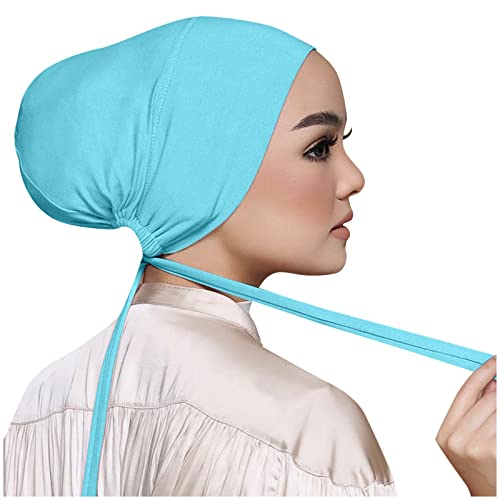 Chiffon Hijab with Undercap Fashion Solid Color Chiffon Head Wraps Under Scarf Caps Muslim Fashion Bandage - color: Light Blue
