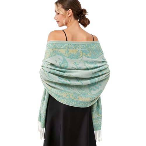 Paisley Pashmina Rave Shawl Scarf-Women's Reversible Ethnic Jacquard Pashmina Wraps for Travel - color: A#. Mint Green