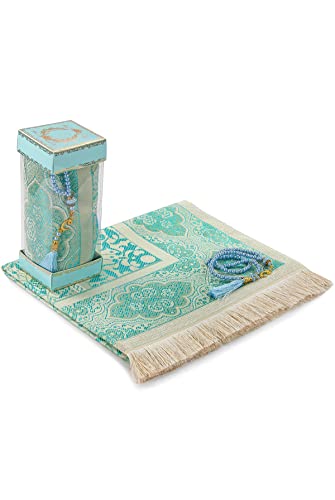 Muslim Prayer Rug and Prayer Beads with Elegant Gift Box | Janamaz | Sajadah | Soft Islamic Prayer Rug | Islamic Gifts Set | Prayer Carpet Mat, Taffeta Fabric, Blue - color: Blue
