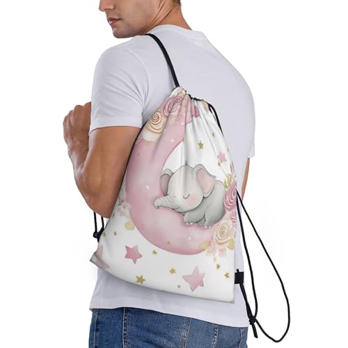Cute Elephant on Pink Crescent Moon Drawstring Bags Reusable Polyester Durable Lightweight Storage Bags for Travel Gym Promotional Events Daily Organization