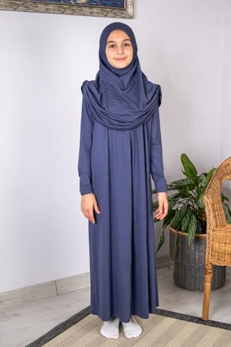 ihvan online Muslim Dress for Girls, Long Sleeve One-Piece Islamic Prayer Dress, Hijab for Kids, Girls Abaya, Islamic Gifts - color: Navy Blue