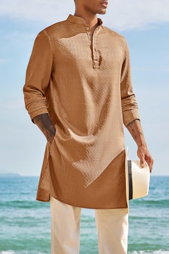 Runcati Mens Kaftan Thobe Textured Henley Shirt Long Sleeve Robe Casual Muslim Gown Shirt - color: Brown, size: Medium