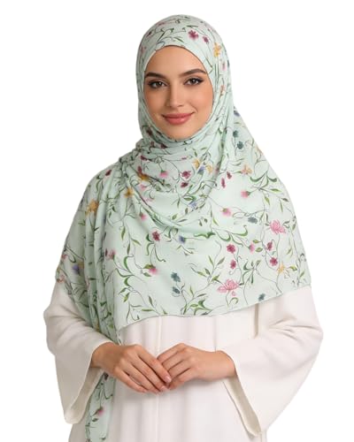 ZGMYC Watercolour Floral Printed Hijab Scarf for Women Soft Modal Cotton Instant Hijab Head Wraps Shawls Long Scarves - color: Light Green Flowers