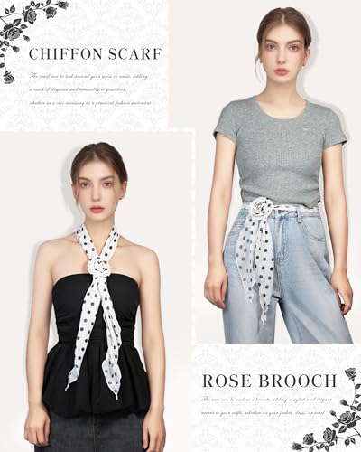 Chiffon Scarf for Women, Removable Flower Neck Scarf Light Soft Fashion Rose Scarves Versatile Headband or Hair Band - color: Polka Dot White