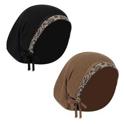 2PCS Hijab Undercap for Women, Rhinestone Turban, Muslim Hijab cap with Strap, Islamic Clothing Accessories for Ramadan Eid Prayer, Black and Khaki