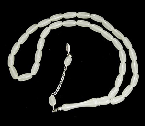 Perlin Muslim Prayer Beads 33 Bead Glow in the Dark Tasbih – Islamic Misbaha Subha Dhikr Beads with 15 x 6 mm Oval Luminous White Beads, Ottoman Style Prayer Rosary for Meditation and Worship, 38 cm