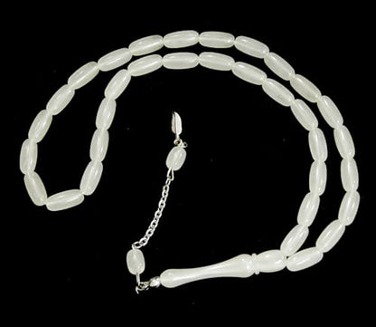 Perlin Muslim Prayer Beads 33 Bead Glow in the Dark Tasbih – Islamic Misbaha Subha Dhikr Beads with 15 x 6 mm Oval Luminous White Beads, Ottoman Style Prayer Rosary for Meditation and Worship, 38 cm