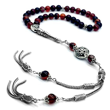 Design - New Long & Stylist Tassels Worry Beads - Prayer Beads (8 mm-33 Beads) Tesbih-Tasbih-Tasbeeh-Misbaha-Subha-Sebha-Sibha-Rosary (Miracle Agate - Twin Tassel) - color: Miracle Agate - Twin Tassel