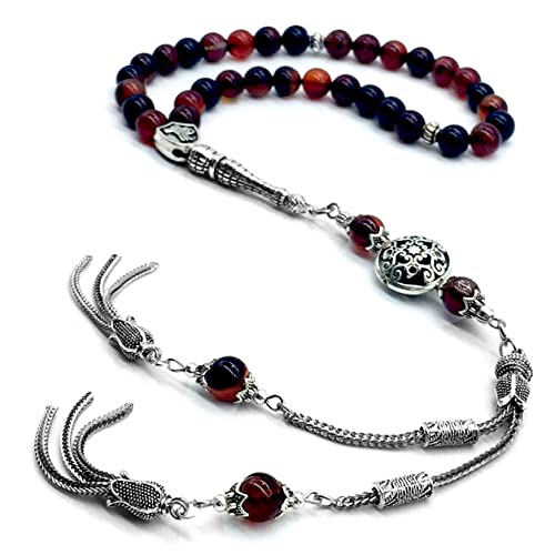 Design - New Long & Stylist Tassels Worry Beads - Prayer Beads (8 mm-33 Beads) Tesbih-Tasbih-Tasbeeh-Misbaha-Subha-Sebha-Sibha-Rosary (Miracle Agate - Twin Tassel) - color: Miracle Agate - Twin Tassel