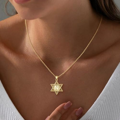 Gold Initial Necklaces for Women Dainty Pendant Letter Necklace 14K Gold Plated Jewish Star of David Religious Jewelry Personalized Gift Non Tarnish Waterproof 16.5-18.5 Inches - style: Initial N