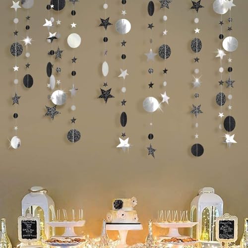 Cheerland Twilight Birthday Decoration Black Silver Moon Garland Full Moon Star Streamer Gothic Party Decor Garland Ramadan Eid Mubarak Glitter Banner Celestial Baby Shower Summerween Halloween - color: Black Silver