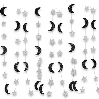 Prom Decorations 4m Glitter Paper Star Strips Black Silver Moon and Stars Decor, Hanging Space Decorations Galaxy Garland for Ramadan Birthday Backdrop Ceiling Decor