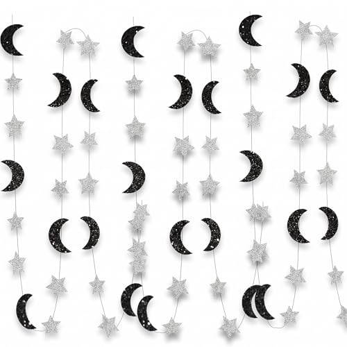 Prom Decorations 4m Glitter Paper Star Strips Black Silver Moon and Stars Decor, Hanging Space Decorations Galaxy Garland for Ramadan Birthday Backdrop Ceiling Decor
