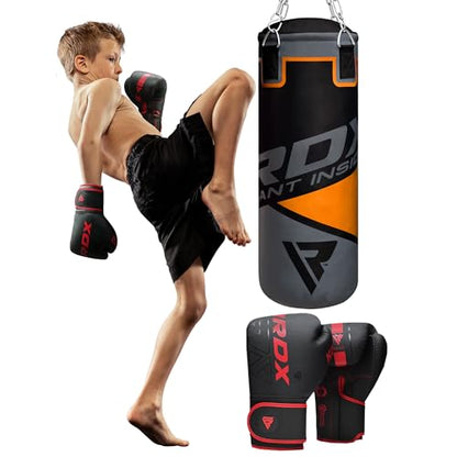 RDX Kids Punching Bag 2FT with Punch Gloves, Unfilled Boxing Set, Non Tear Maya Hide Leather Junior Hanging Bag, Kickboxing MMA Grappling Muay Thai Karate Taekwondo BJJ Training - color: Orange