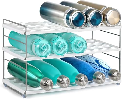 10.6-16.7" Adjustable Width Water Bottle Organizer for Cabinet, 3-Tier Expandable Water Bottle Holder Rack, Cup and Tumbler Storage for Kitchen Organization, Sports Flask, Insulated Travel Mug, Fridge - size: 3 Tier-15