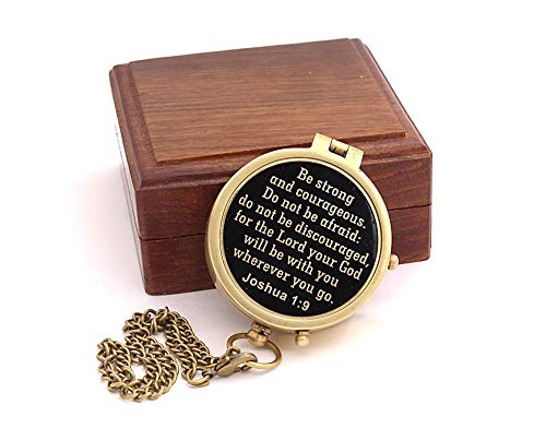 Compass – Brass Directional Vintage Compass Engraved with “Be Strong and Courageous” Joshua 1:9 Bible Verse, Baptism 2026 Communion Christian Inspirational Gifts for Women/Men - style: Be Strong - Wood Box