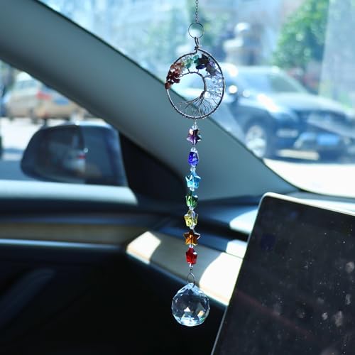 Healing Crystal Decor Tree of Life Car Hanging Accessories Suncatcher, car Charms for Rear View Mirror, Rear View Mirror Accessories, New Car Gift - color: Colorful H