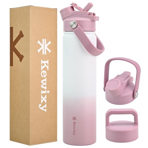 KEWIXY 24 oz Insulated Water Bottle, 2-in-1 Lid, Straw & Spout with Protected, Leak Proof, Keep Cold, Stainless Steel, Metal, Reusable, Handle, for Travel, Gym and School, 2 Lids, Iced Plum - color: Iced Plum, size: 24 Ounces