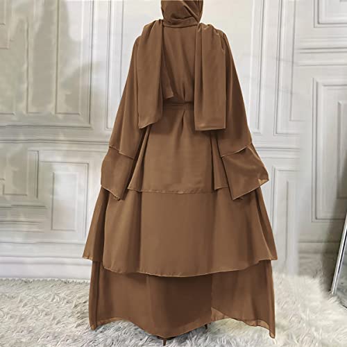 Muslim Abaya Dress for Women - Long Sleeve Islamic Dubai Abaya Cardigan Robe - Middle East Prayer Dress with Hijab - color: #A: Brown, size: Small