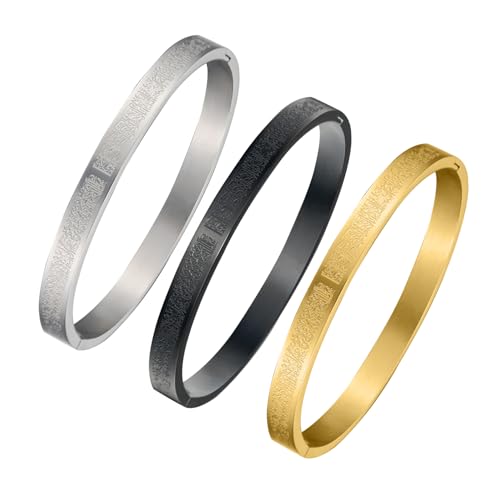 AYATUL KURSI Islamic Jewelry Bracelets Stainless Steel Openable Bangles Arabic Calligraphy Islamic Faith Gifts Messager Islamic Calligraphy Muslim Men Jewelry Bracelets Gift for Women - color: 1 Steel color 1 Black 1 Gold